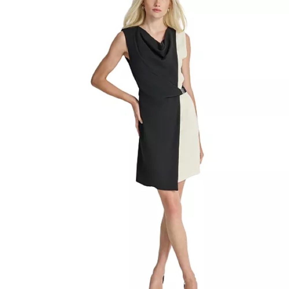 Dkny Black and Cream Draped Neck Colorblock Mini Dress